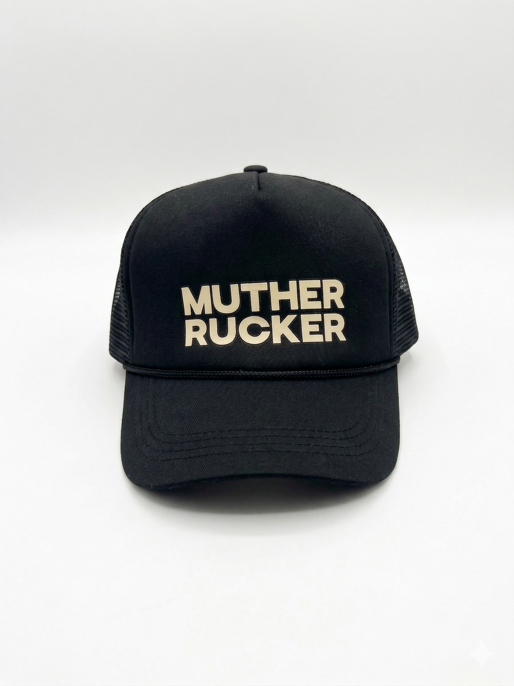 Black cap with 'Muther Rucker' text on a white background